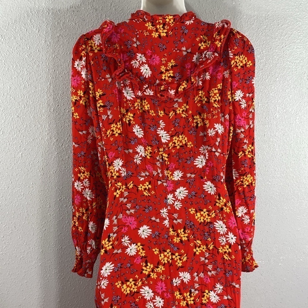 Oliver Bonas Floral Print & Frilled Bib Trim Red Midi Dress 2 EE29 - Picture 13 of 16